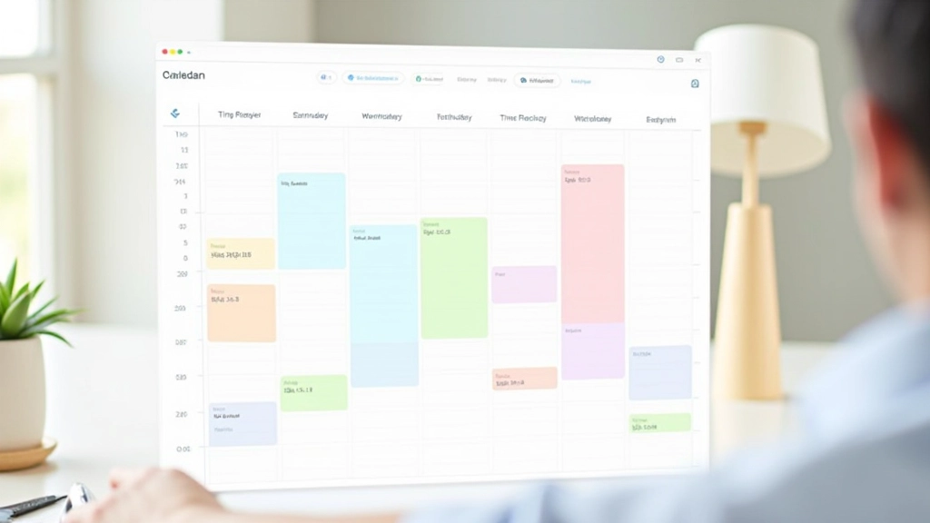 Calendar grid showing color-coded time blocks for different client projects