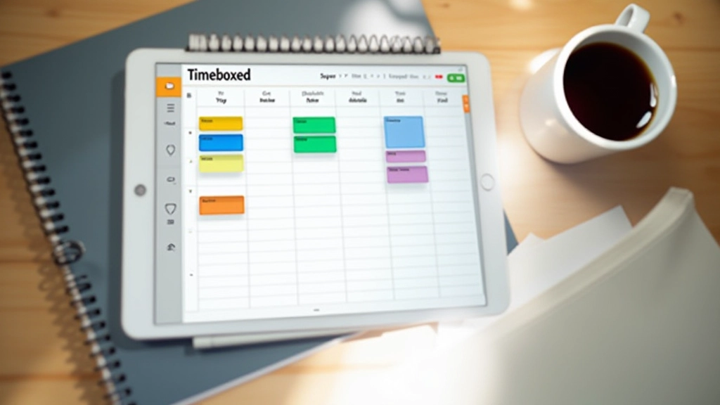 Calendar showing timeboxing blocks with color-coded tasks and project management layout