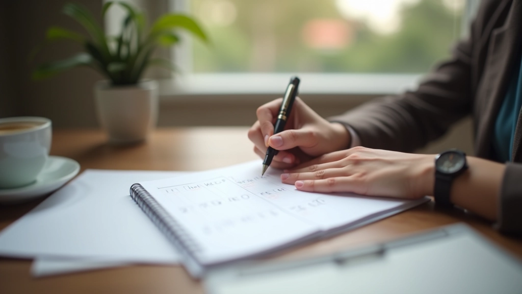 Hands writing in a bullet journal with completed tasks and time blocks planned out