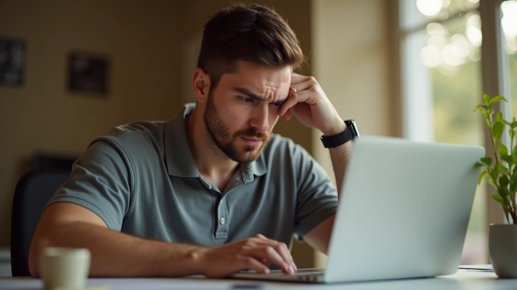 Tired freelancer at desk with empty coffee cup, showing signs of fatigue and reduced productivity from skipping breaks