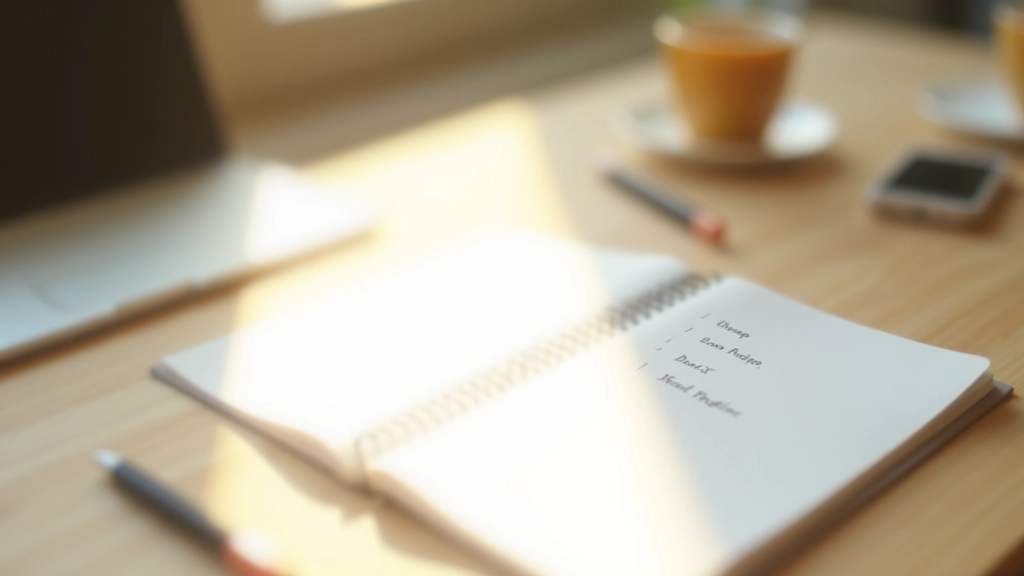 Notebook with numbered steps and checklist for Pomodoro planning, pen on desk
