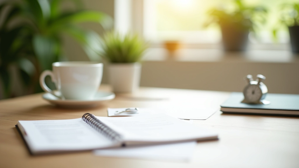 Desk setup with timer, notebook, and coffee cup showing organized workspace for focused work sessions