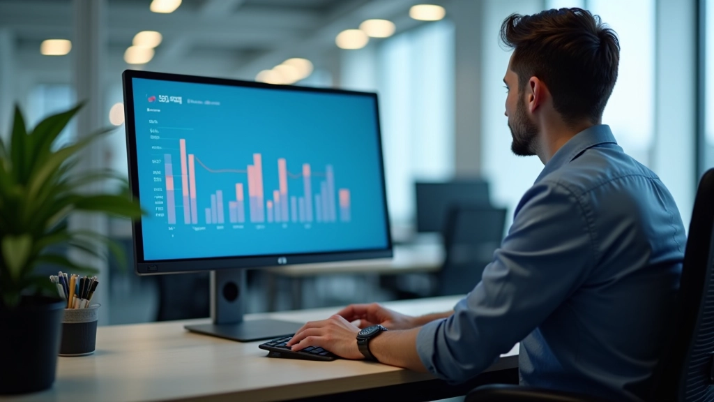 Freelancer reviewing analytics dashboard on monitor showing time block completion trends and productivity improvements