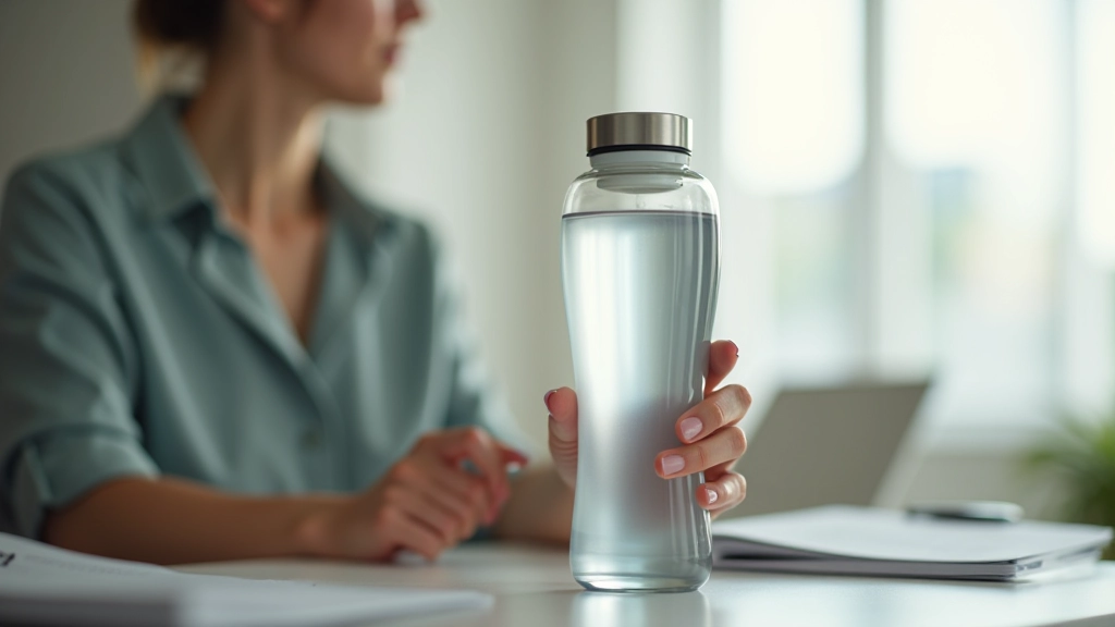 Person taking a break with water bottle and phone, stepping away from desk during rest interval