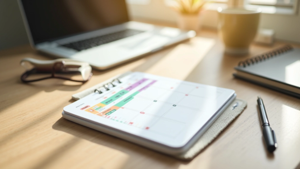 Color-coded calendar showing strategic break scheduling across multiple projects, time management planning