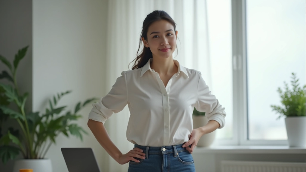 Person standing and stretching at desk near window, taking an active break during work session