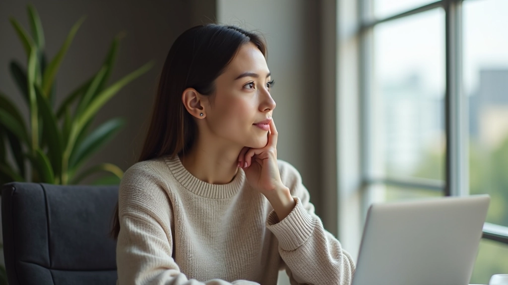 Woman at desk concentrating on work, hand on chin, laptop and notebook visible, warm office lighting